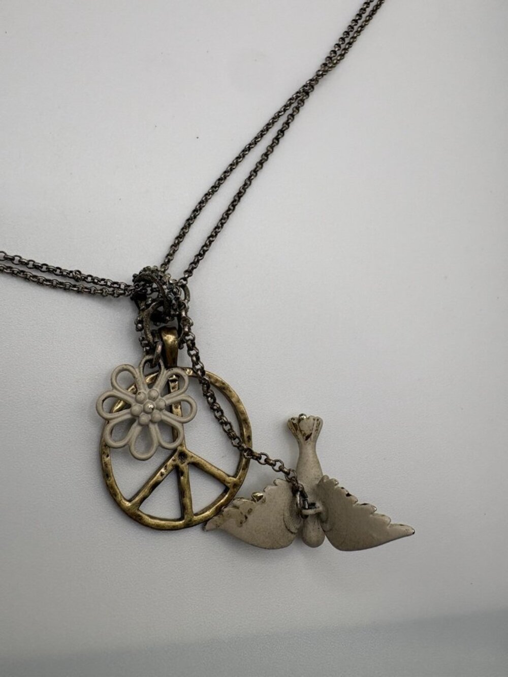 Lucky Brand Bird Flower Peace Long Charm Pendant Necklace Silver Tone Boho - Picture 4 of 5